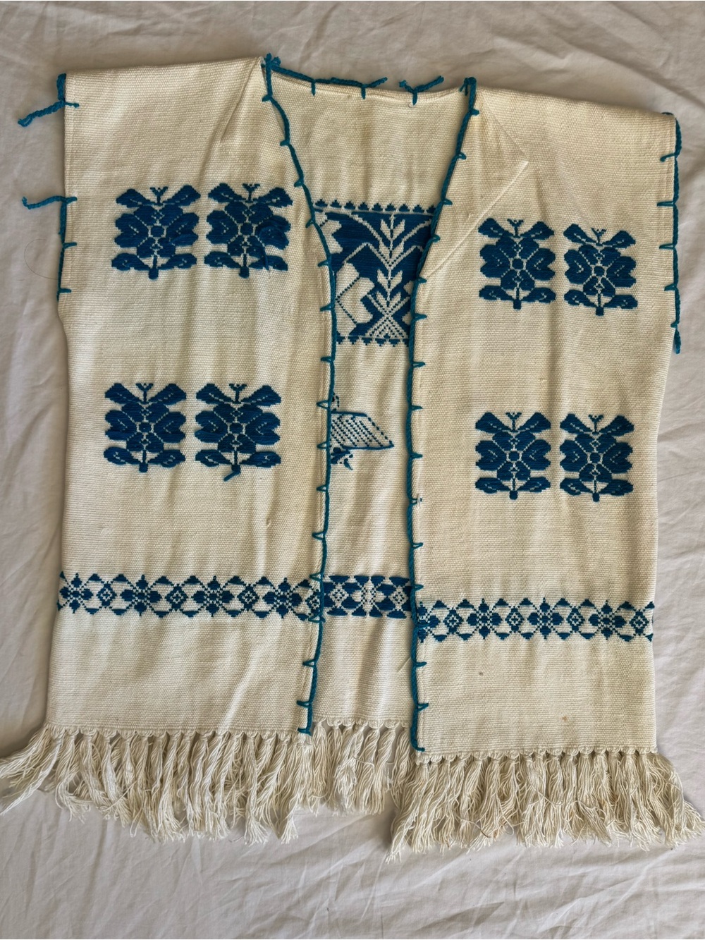 Peruvian Connection Cream Woven Tunic with Blue Embroidery